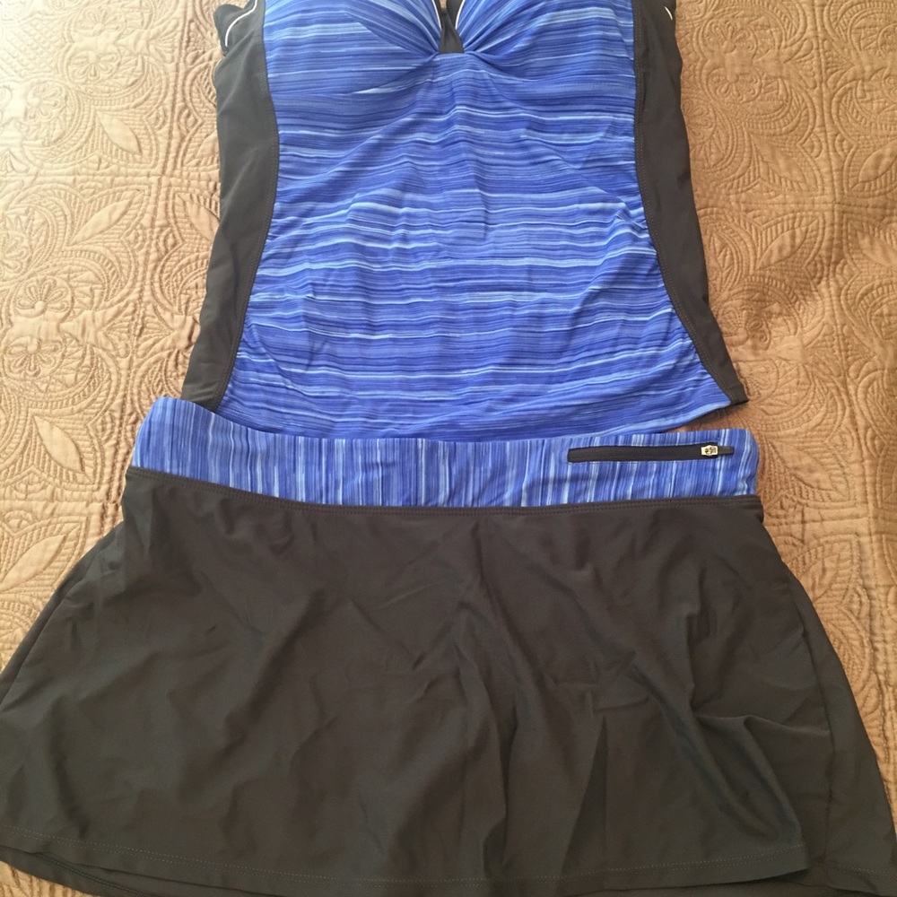 Women’s Blue Stripe Tankini with Black Swim Skirt